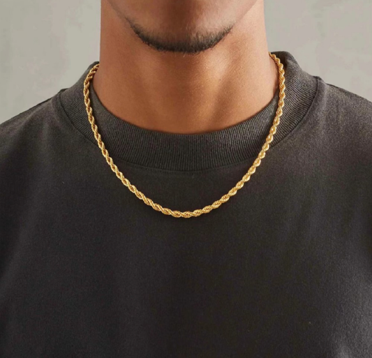 Sterling Golden 2.25mm Shiny-Cut Rope Chain Necklace For Men.